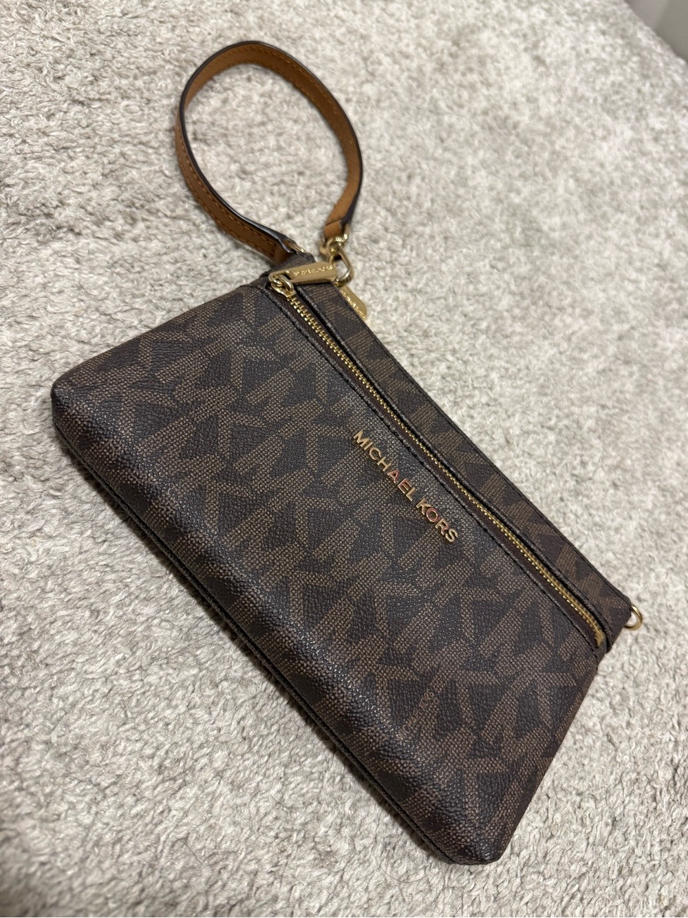 Michael Kors Brown Logo Print Wristlet with Gold Hardware